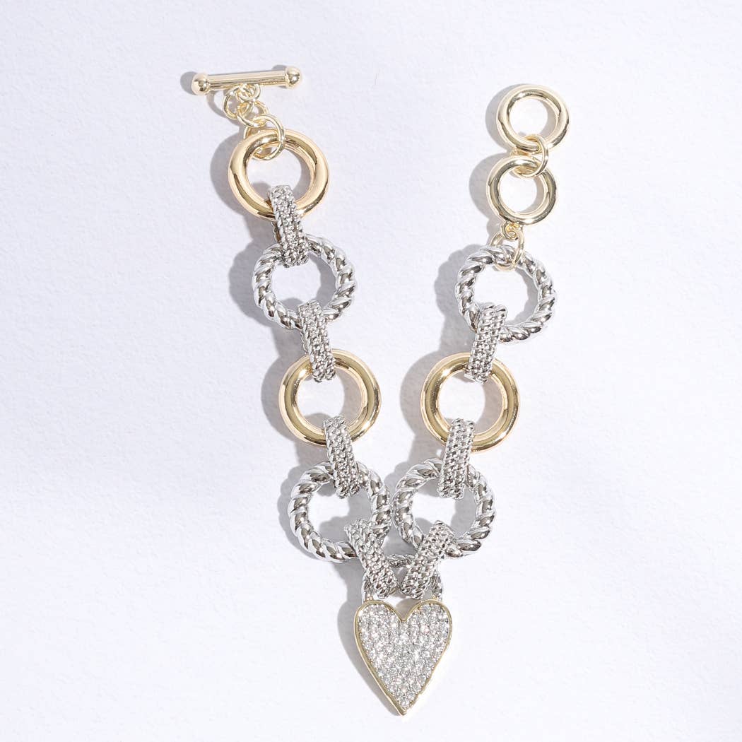 "Paved Heart"-  Charm Link Chain Bracelet