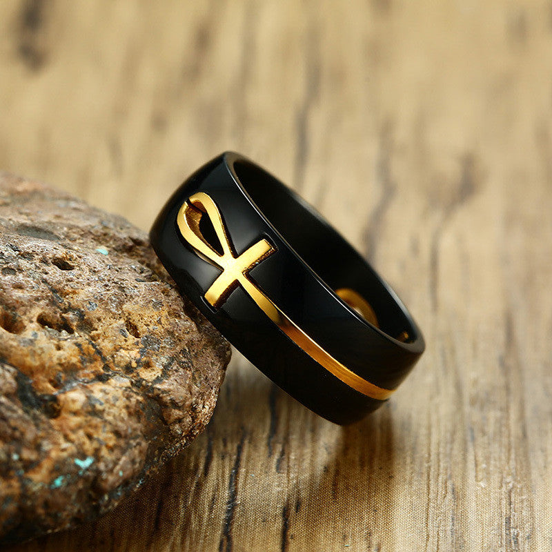 Stainless Steel Two-tone Detachable Egyptian Ankh Cross Ring
