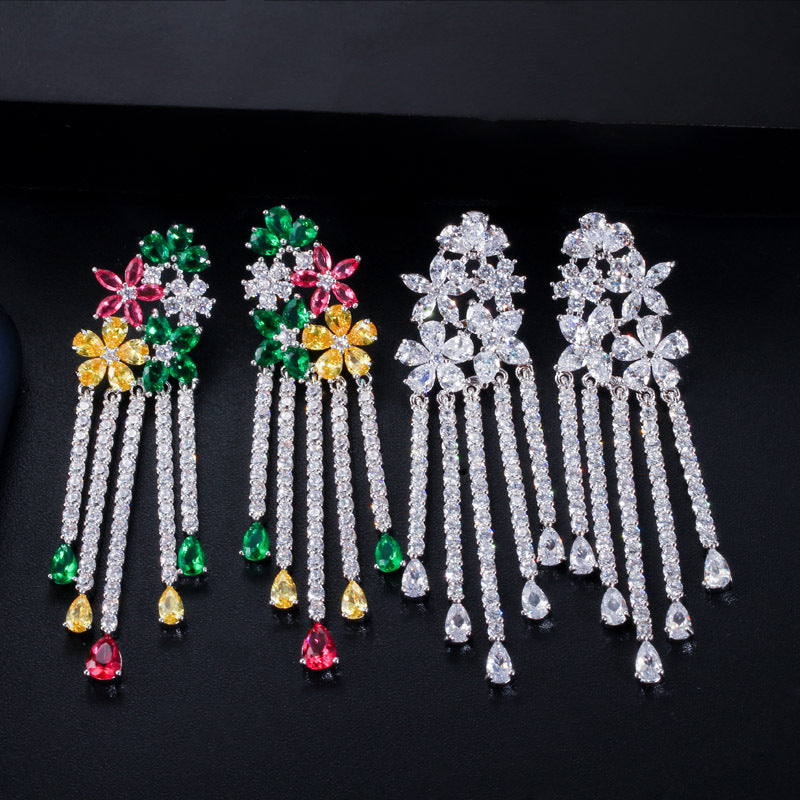 Zircon Floral Tassel Earrings