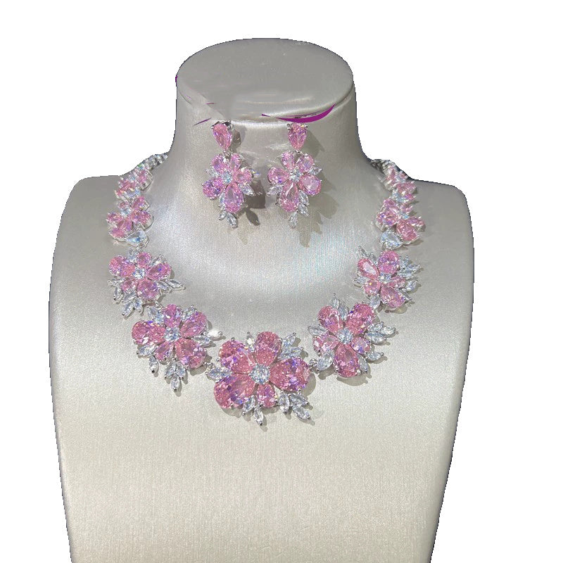 "Pretty Pink Flowers" - Diamond Zircon Statement Jewelry Set