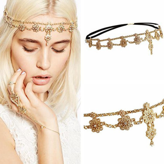Vintage Flower Elastic Tassel Head Band Chain