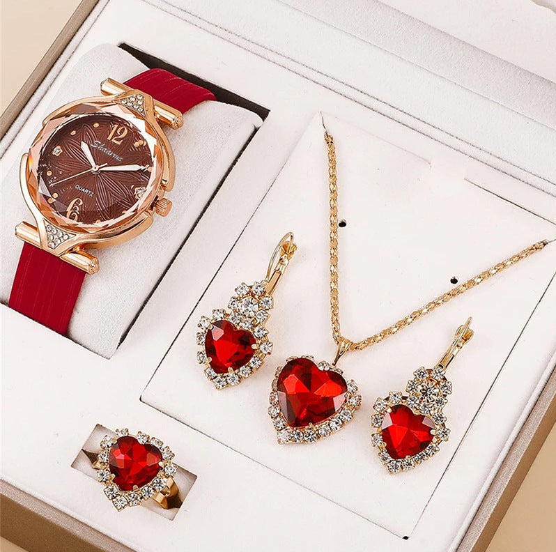 "Inspired by Ruby" - Diamond Jewelry Watch Set 6pcs