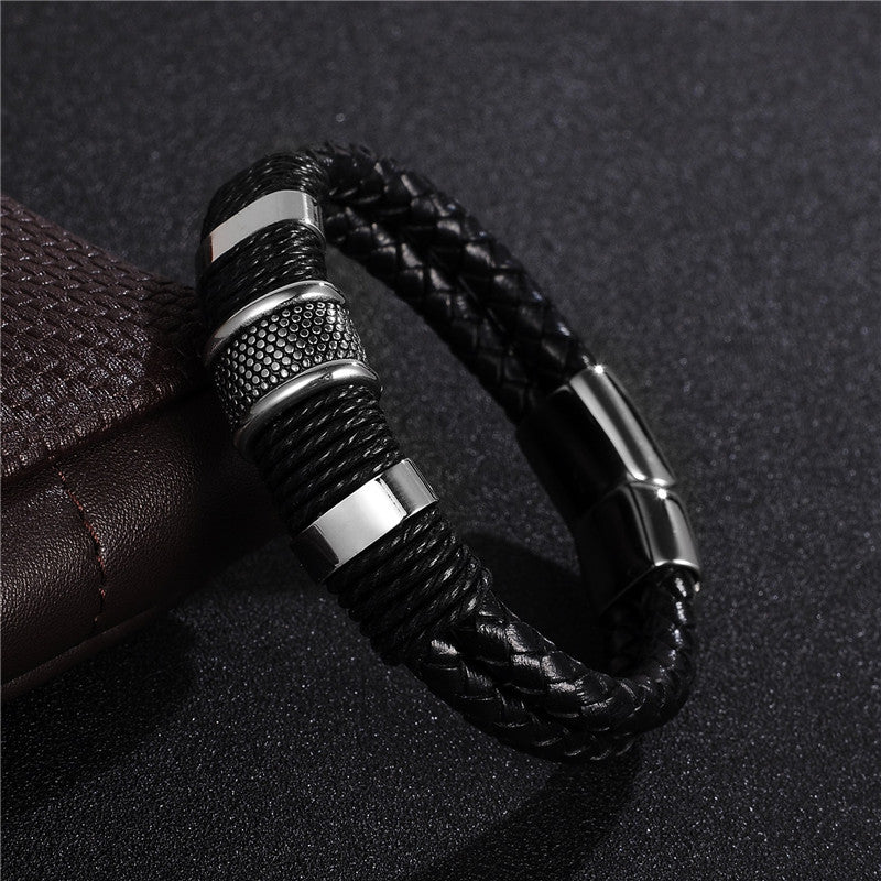 Woven Leather Titanium Stainless Steel Bracelet