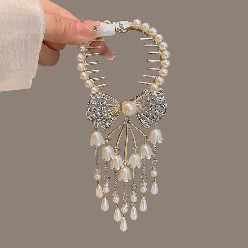 Silver Bow Dangle Hair Clip for Back of Hair