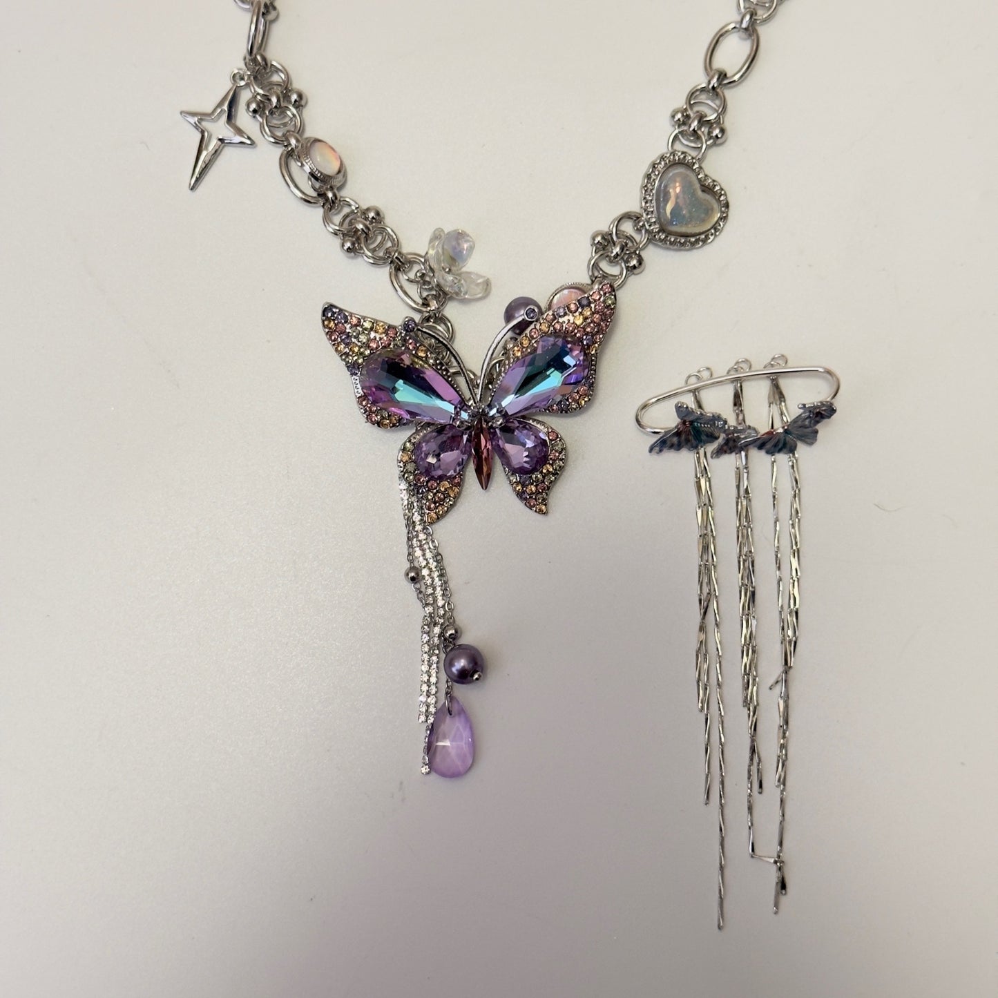Shimmering Purple Butterfly Necklace and Ear Piece
