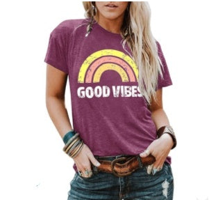 "Good Vibes" - Rainbow Pattern Printed Short-sleeved T-shirt