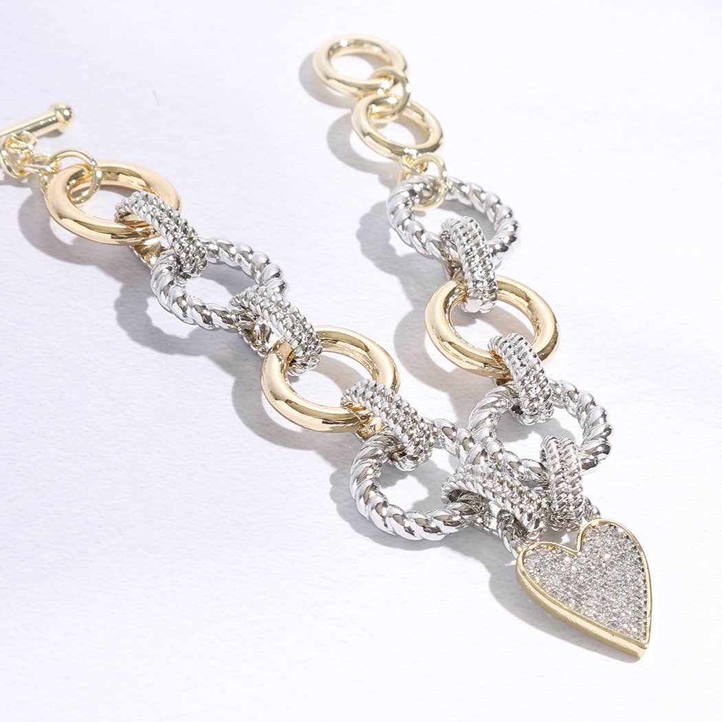 "Paved Heart"-  Charm Link Chain Bracelet