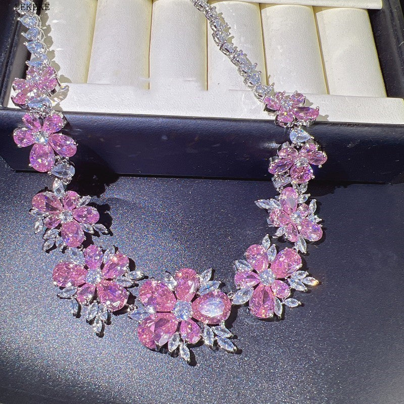 "Pretty Pink Flowers" - Diamond Zircon Statement Jewelry Set