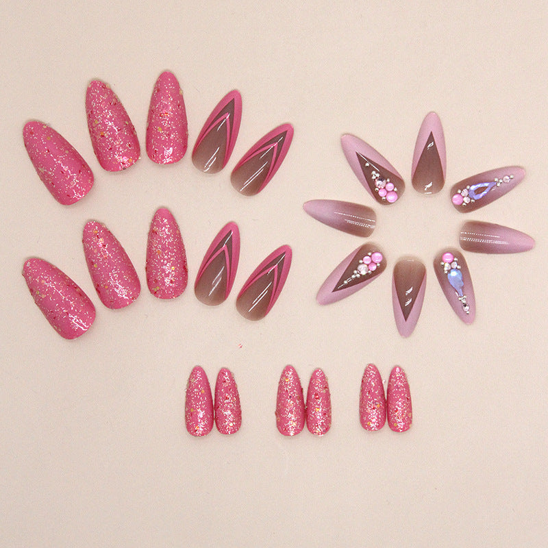 Pink Almond-shaped Double French False Nails