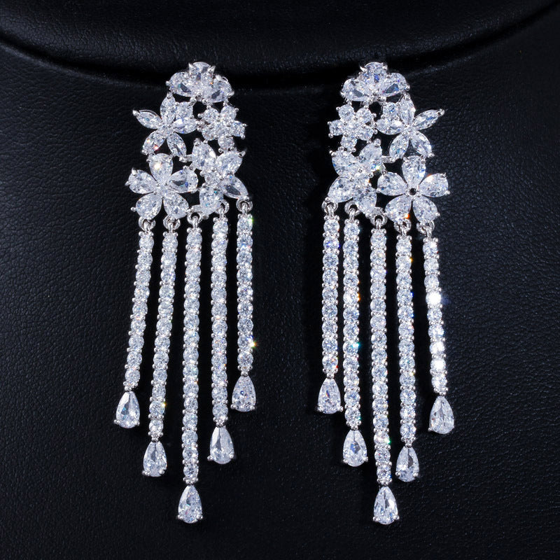 Zircon Floral Tassel Earrings