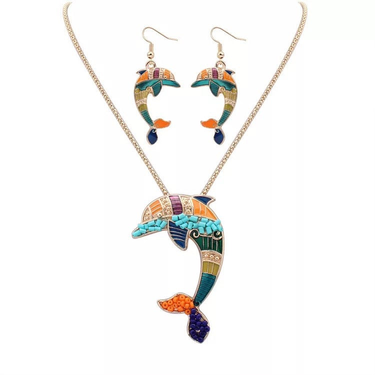 Alloy Drip Oil Dolphin Jewelry Set