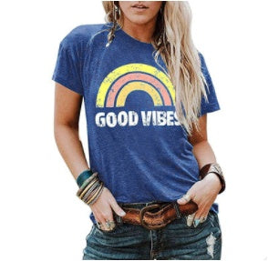 "Good Vibes" - Rainbow Pattern Printed Short-sleeved T-shirt