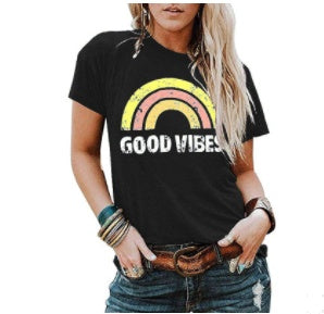 "Good Vibes" - Rainbow Pattern Printed Short-sleeved T-shirt