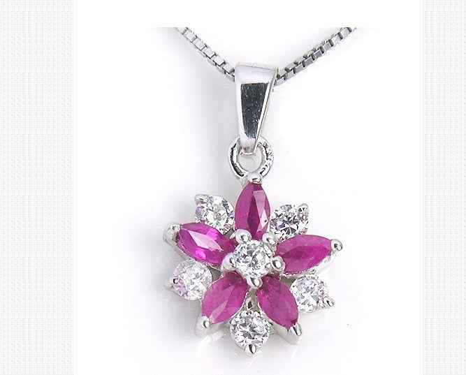 "Natural Ruby Flower" - Silver Jewelry Set