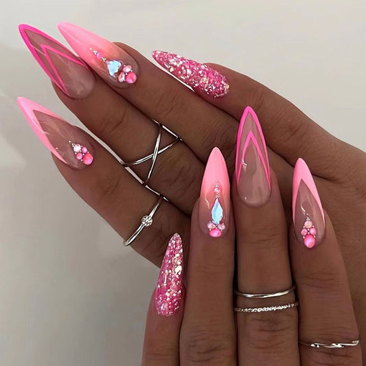 Pink Almond-shaped Double French False Nails