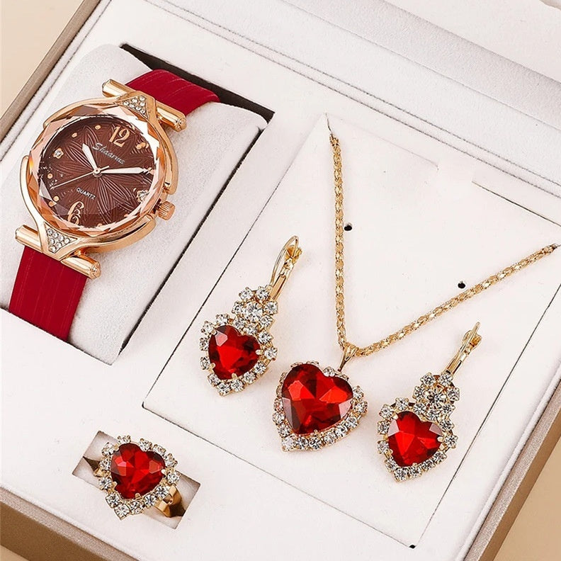"Inspired by Ruby" - Diamond Jewelry Watch Set 6pcs