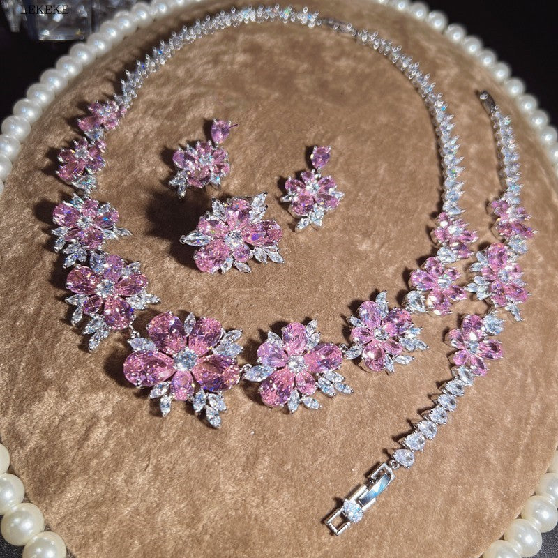 "Pretty Pink Flowers" - Diamond Zircon Statement Jewelry Set
