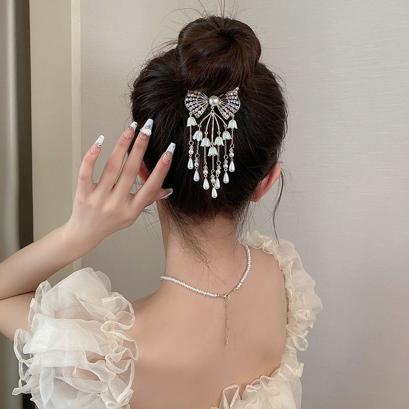 Silver Bow Dangle Hair Clip for Back of Hair