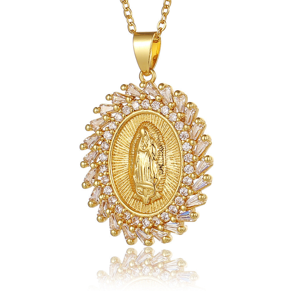 Micro-encrusted Zirconia Religious Virgin Mary Pendant Necklaces
