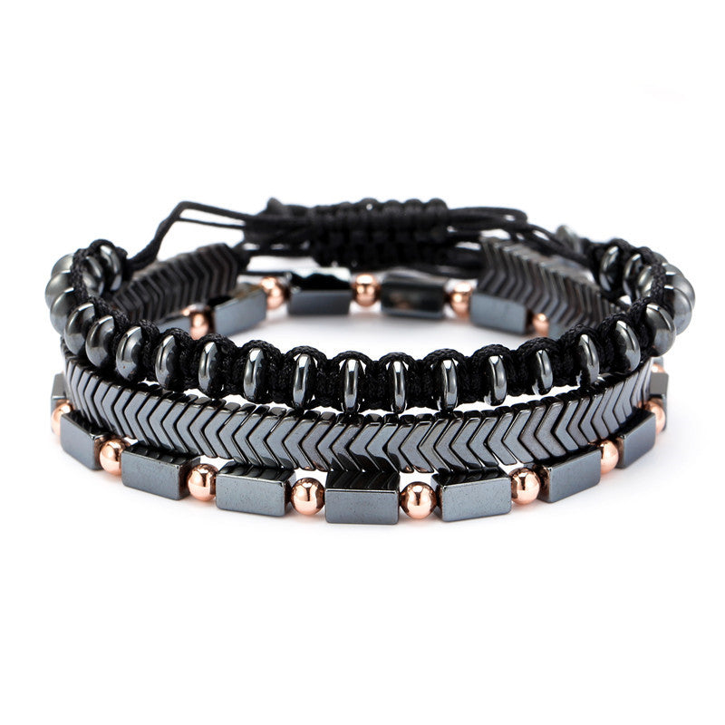 Black Iron Stone Flying Saucer Woven Bracelets - Set of Three