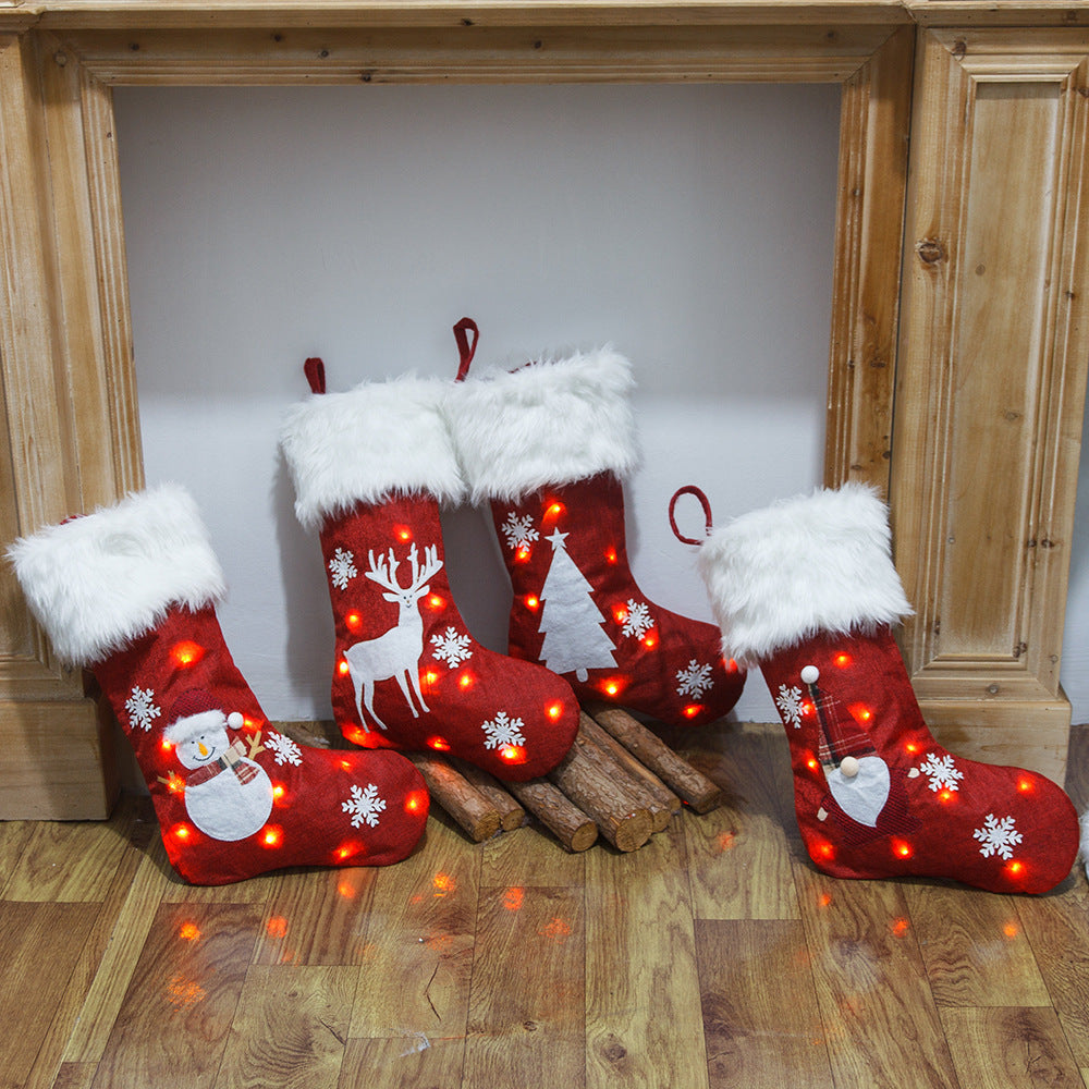 Embroidered Light Burlap Christmas Stocking