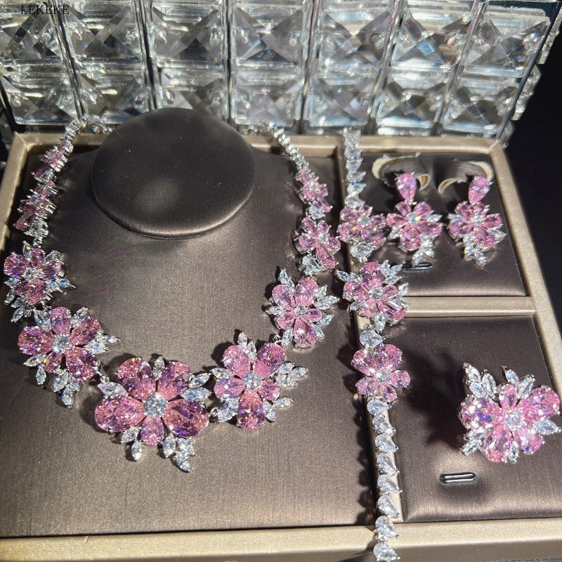 "Pretty Pink Flowers" - Diamond Zircon Statement Jewelry Set