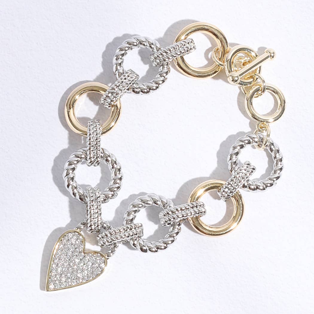 "Paved Heart"-  Charm Link Chain Bracelet