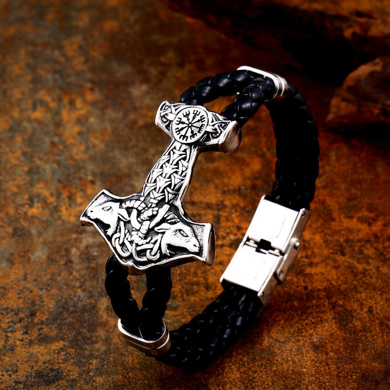 Retro Goat Viking Titanium Steel Soft Leather Bracelet