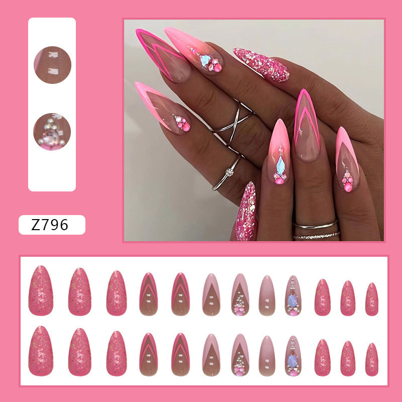 Pink Almond-shaped Double French False Nails