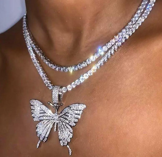 Rhinestone Butterfly Tennis Choker Necklace