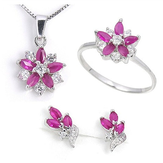 "Natural Ruby Flower" - Silver Jewelry Set