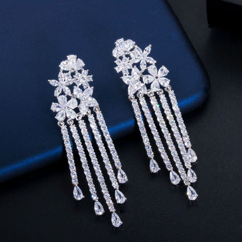 Zircon Floral Tassel Earrings