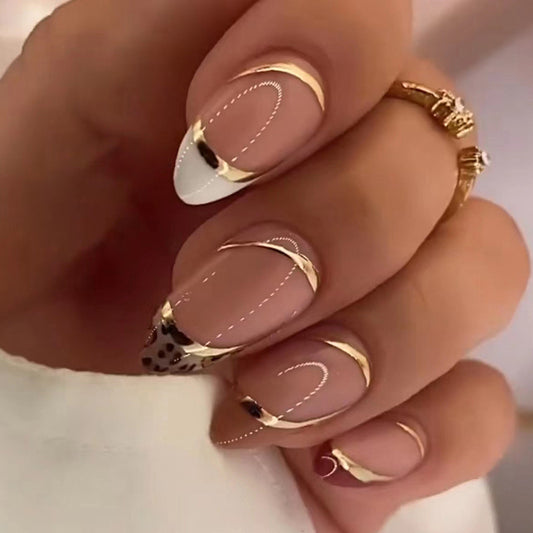 Gold  Almond-shaped Color-blocking Leopard Print False Nails