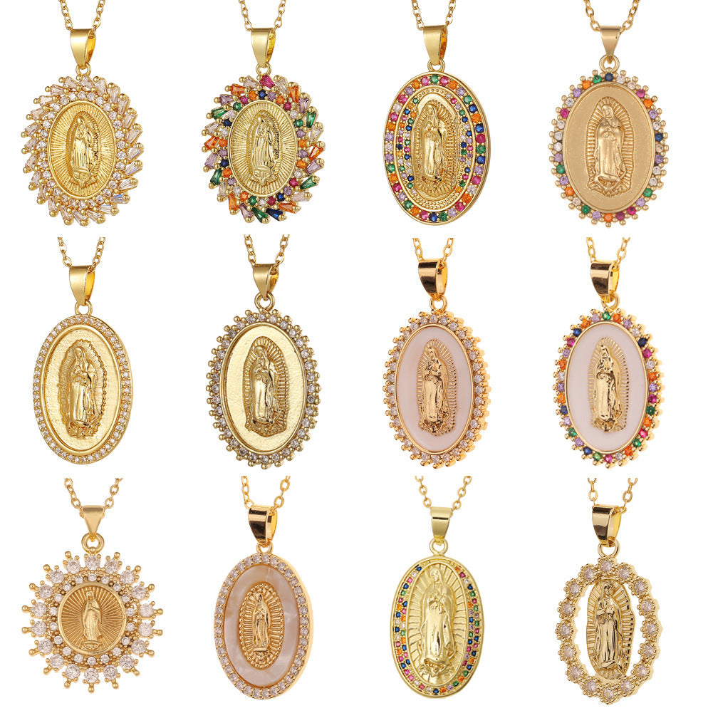 Micro-encrusted Zirconia Religious Virgin Mary Pendant Necklaces