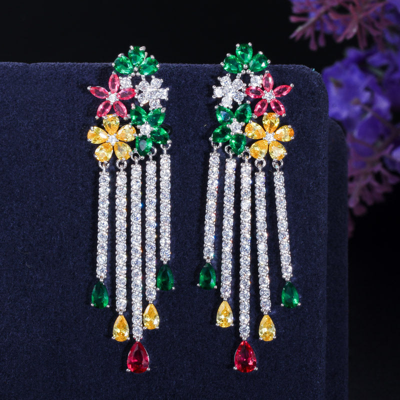 Zircon Floral Tassel Earrings